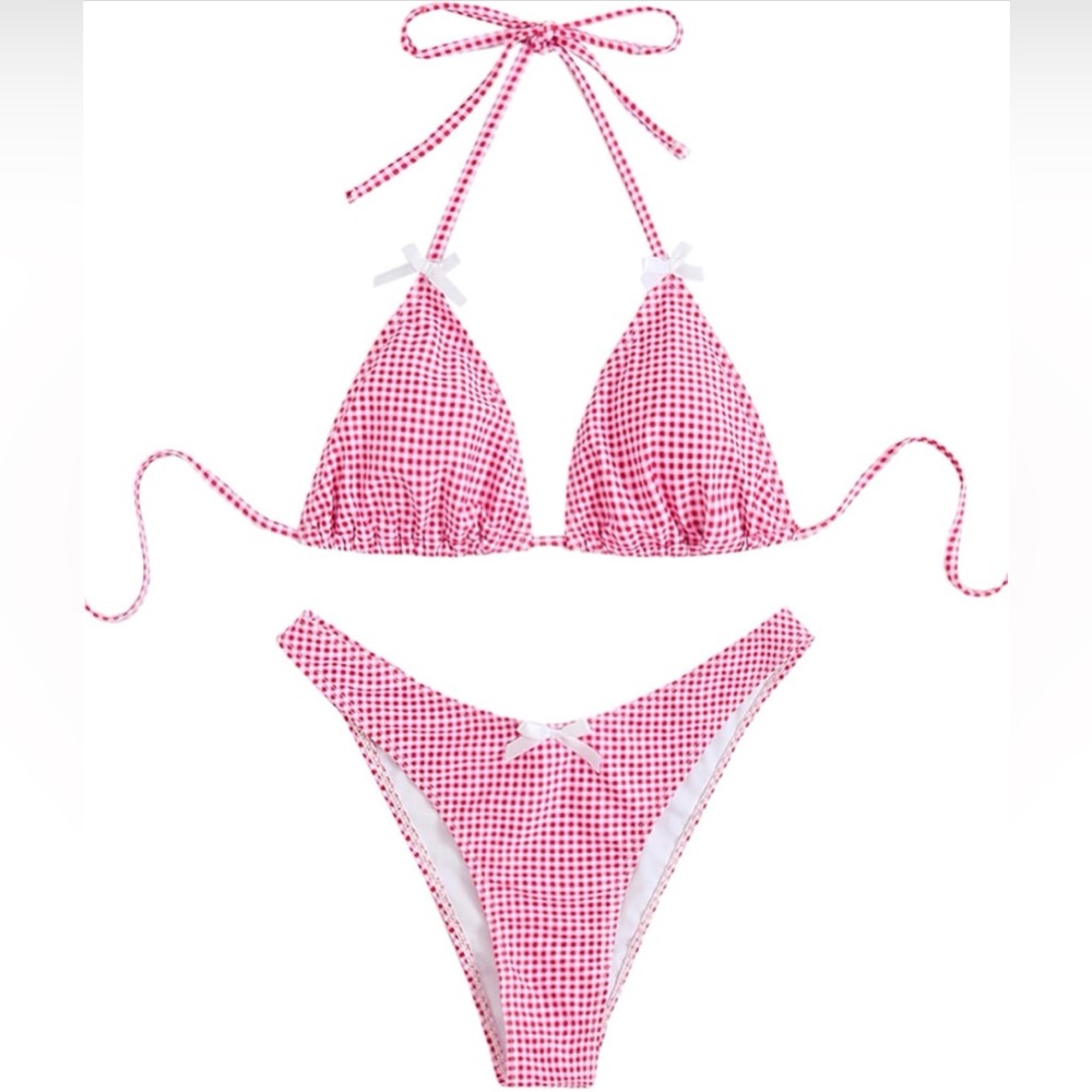 NEW Falainetee Pink Plaid Gingham HighWaisted Triangle Bikini Swimsuit Womens XS